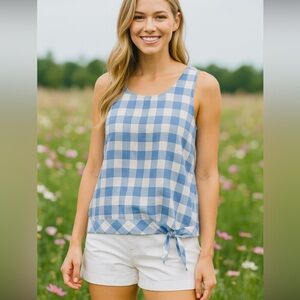 J. Crew Linen‎ Blend top Womens 0 Blue White Gingham Plaid Cami Side Tie Preppy